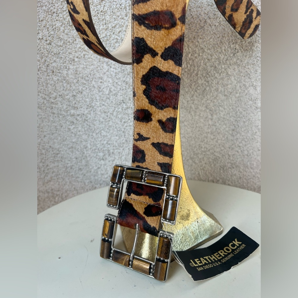 Leatherock glam belt leather leopard print buckle tiger eye stones Sz 36 NWT. - Picture 4 of 11